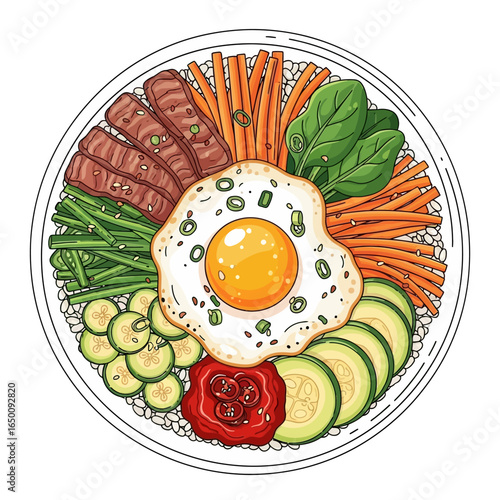 Colorful and Healthy Bibimbap Bowl with Various Ingredients.