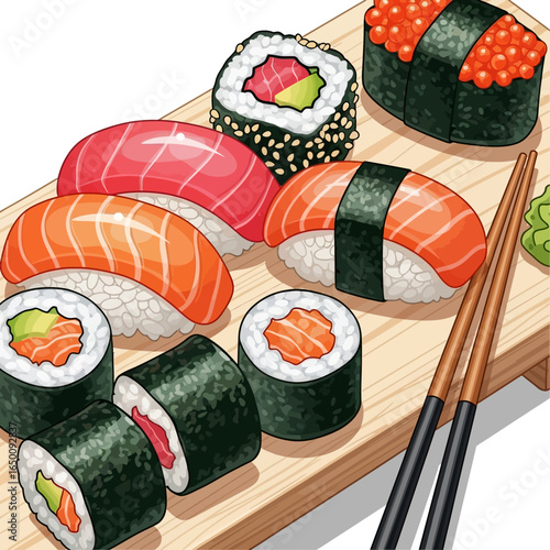 A vibrant and appetizing assortment of fresh sushi and maki rolls artfully arranged on a wooden serving tray with chopsticks.