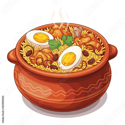 A detailed illustration of a delicious chicken biryani dish served in a traditional ceramic pot.