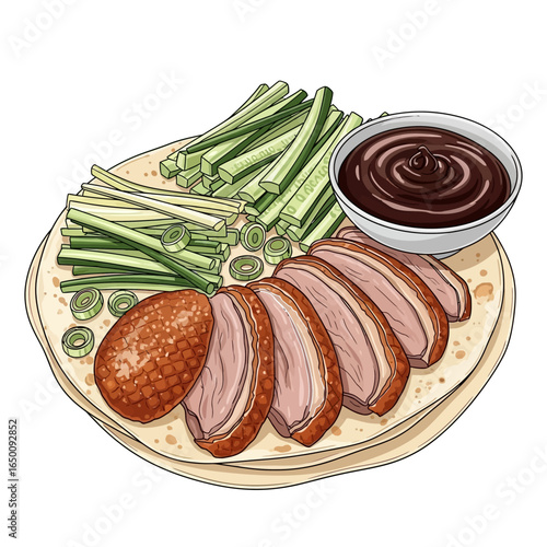 Peking duck served on a pancake with scallions and cucumber.