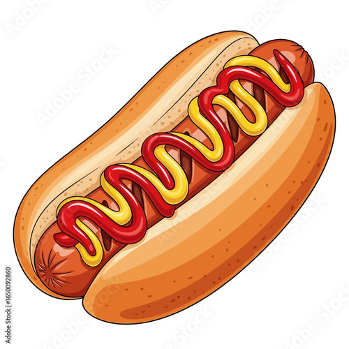 A delicious hot dog with ketchup and mustard in a bun.