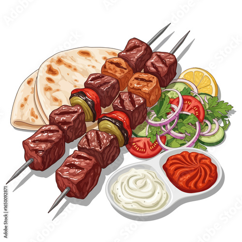 A vibrant illustration of grilled meat skewers with fresh vegetables, pita bread, and various sauces.