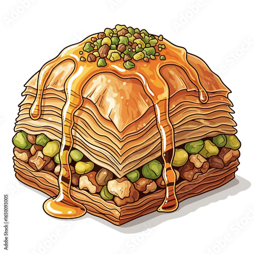 A detailed illustration of a piece of baklava, showcasing its layered phyllo dough, nuts, and honey syrup.