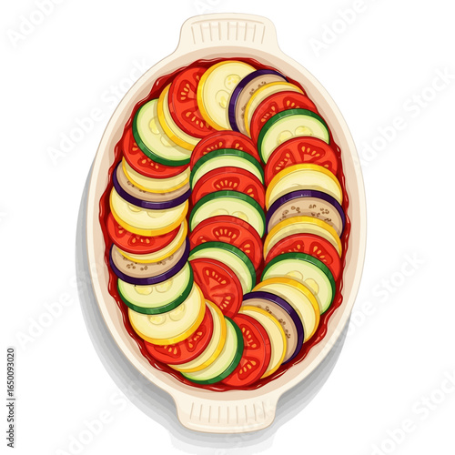 Layered vegetables in a baking dish, likely ratatouille.
