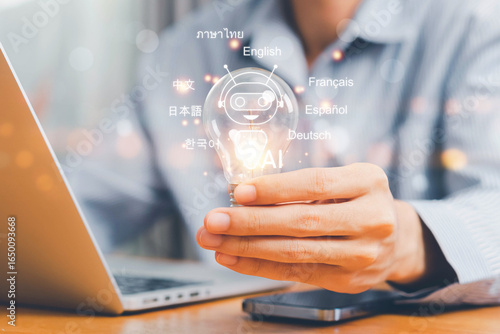 Artificial intelligence technology enabling automatic language translation. Global language translation and international connections powered by AI applications and smart systems.