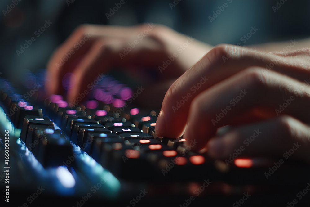 Fototapeta premium Close-up manos tipeando código en teclado mecánico, reflejos RGB sutiles, look tech limpio