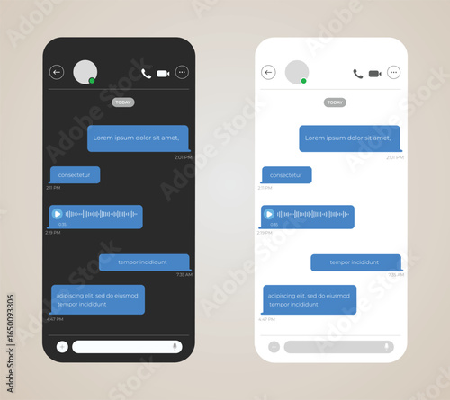 Smartphone Messaging UI Chat App with Speech Bubble, Map Sharing, and Voice Message Features. Vector.