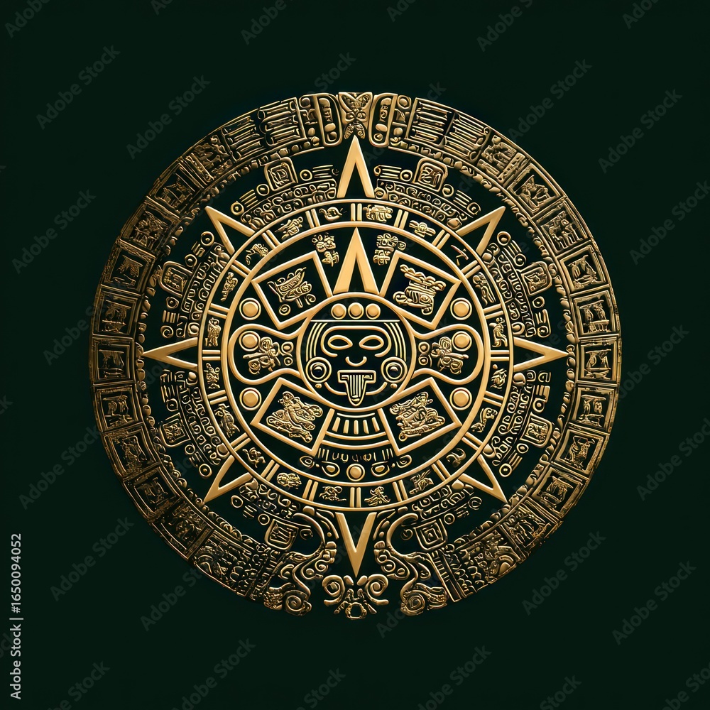 Obraz premium Intricate golden sun-like medallion with elaborate glyphs on a dark, textured background