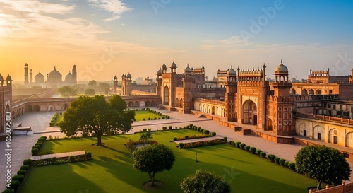 Majestic view of Badshahi Mosque and Hazoori Bagh at sunset, Lahore, Pakistan