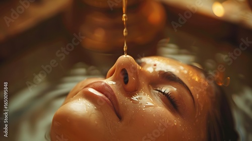 A serene woman receiving an Ayurvedic head massage