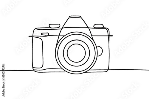 A single continuous line drawing of a camera on a white background conveying simplicity