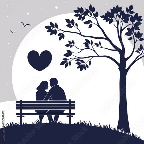 couple sitting on bench under tree in moonlight