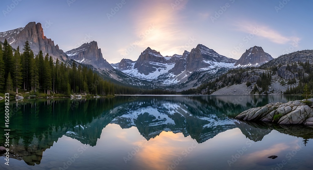 Fototapeta premium Mirror reflections of majestic mountains with snow caps at dusk capturing serene beauty