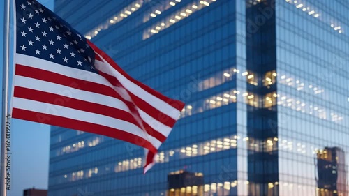 The American flag waves in front of a modern glass skyscraper with illuminated windows at dusk.