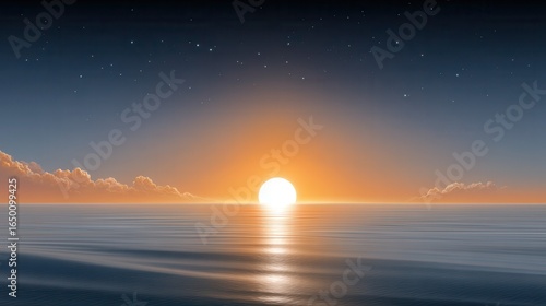 Stunning sunset over calm ocean waters, radiating warm orange hues and tranquility.