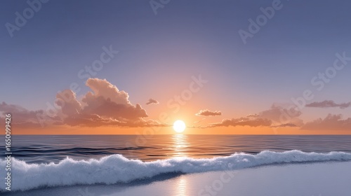 Golden sunset over calm ocean waves, creating a serene and tranquil atmosphere.