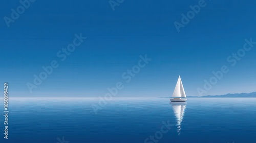 Serene sailboat drifting on calm waters under a bright blue sky.