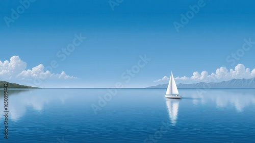 A serene sailboat gliding across a calm, blue ocean under a clear sky.