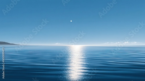 Tranquil blue ocean with a radiant sun reflecting on calm waters.