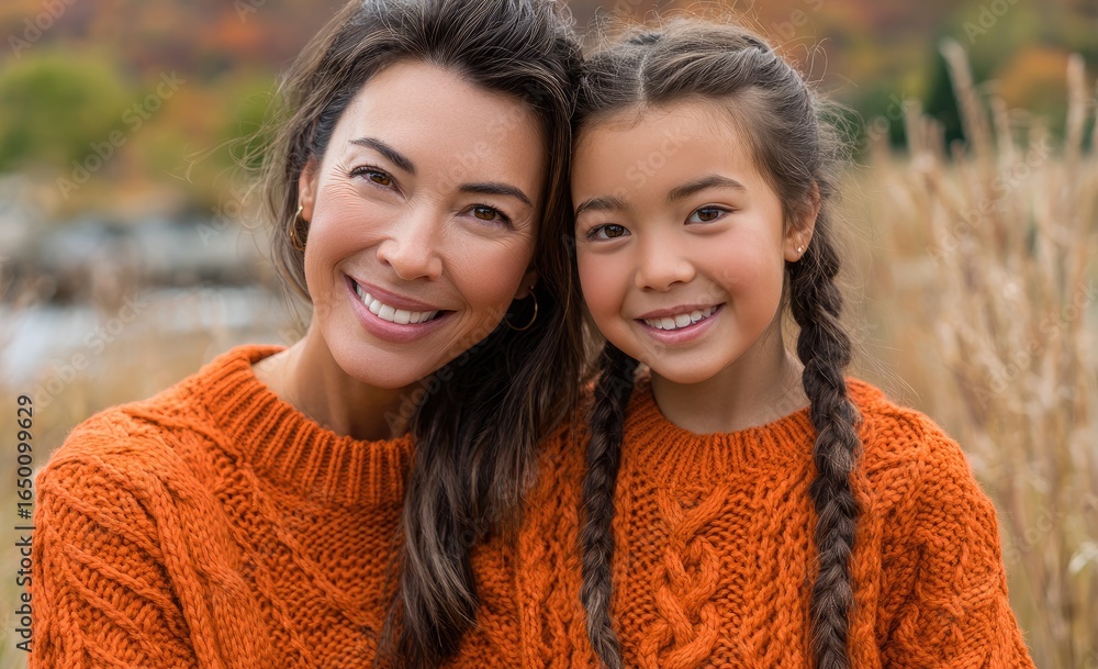 Obraz premium a mother and daughter smiling at the camera, with an autumn nature background, golden hour lighting