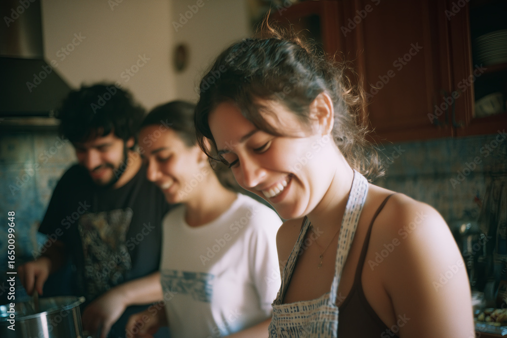 Fototapeta premium Familia diversa cocinando junta, risas naturales.