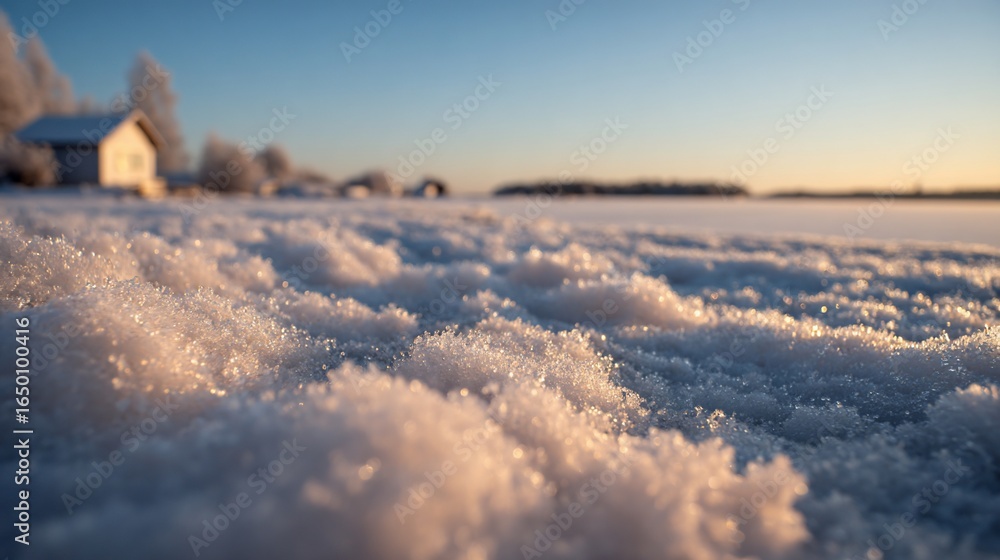 Fototapeta premium Close-up of frosty snow at sunrise, with blurred cottages in the background