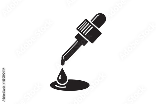 A black silhouette of a dropper dispensing a single drop of liquid onto a surface isolated on white background