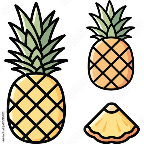 A collection of purple passion fruit illustrations, including a whole fruit, a cross-section, a wedge, and individual pulp pieces with seeds isolated.