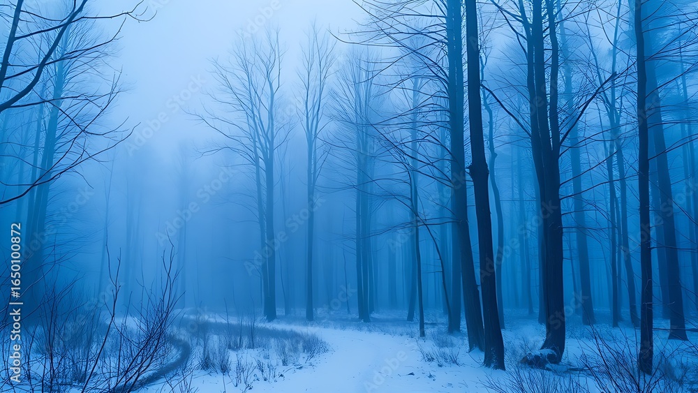 Naklejka premium A serene winter forest landscape with misty blue tones and a soft watercolor-like ambiance.