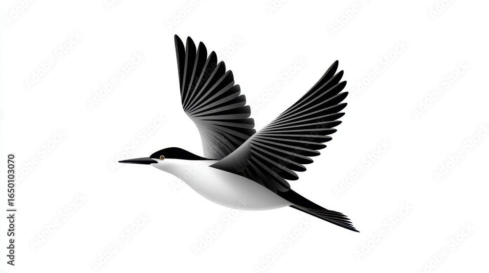 Obraz premium A sleek black and white bird in mid-flight, showcasing its majestic wings.