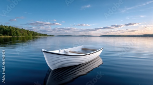 Serene white boat floating on calm waters under a beautiful sky.