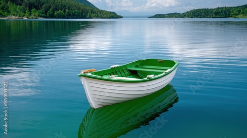 A serene green and white boat floating on calm, reflective water under a clear sky.