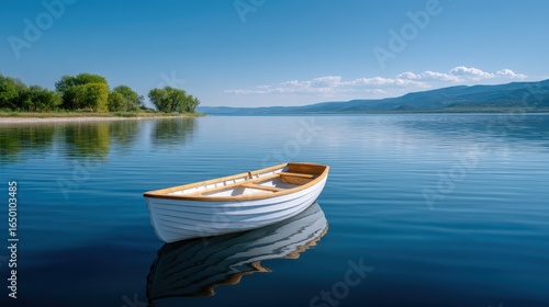 A tranquil scene of a white boat floating on calm waters under a clear blue sky.