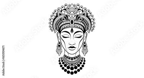 Elegant illustration of a deity with elaborate crown and jewelry in black and white