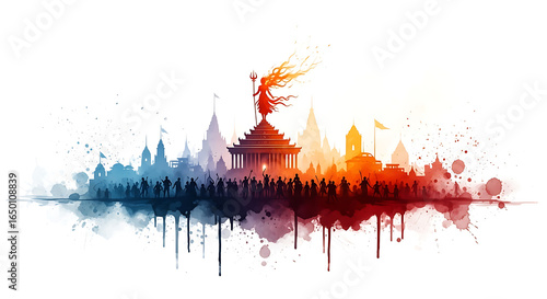 Watercolor depiction of a spiritual gathering at a traditional temple complex evokes devotion and