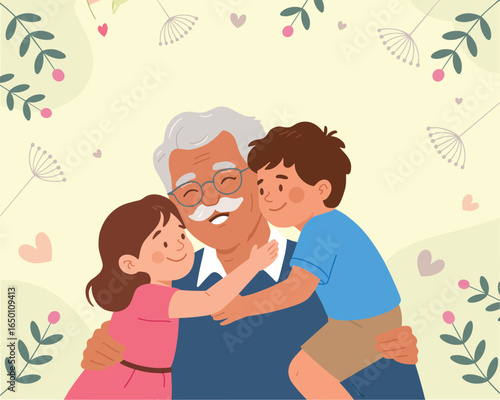 Heartwarming embrace Grandfather's joyous moment with loving grandchildren expressing deep affection.