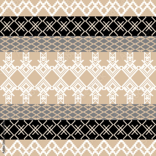 Earthy Tone Traditional Embroidery Art Abstract with Pixel Art Designs for Textile Print