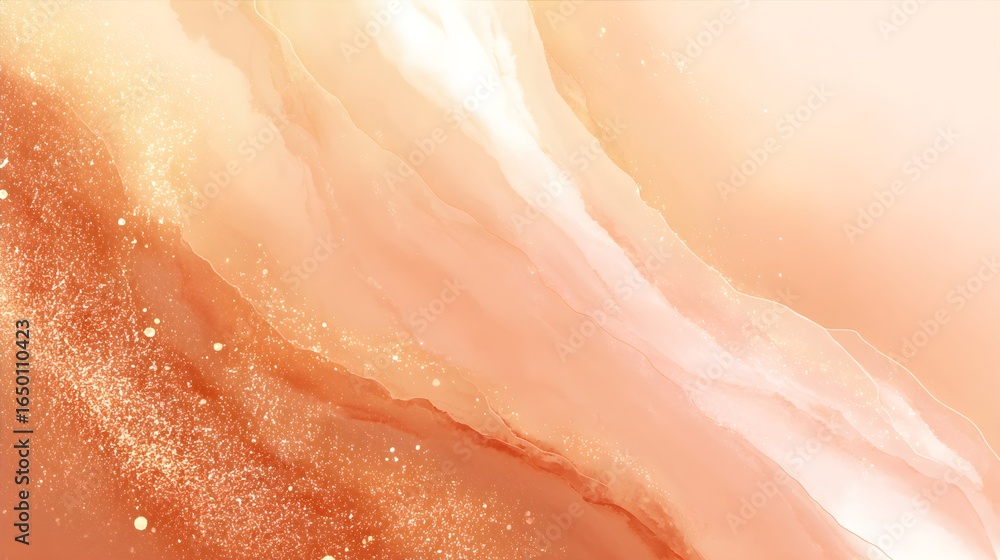 Fototapeta premium Warm Golden Orange Abstract Alcohol Ink Background with Shimmering Waves and Glitter Texture