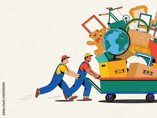 Movers Delivering Cart Full of Possessions Home Relocation Illustration