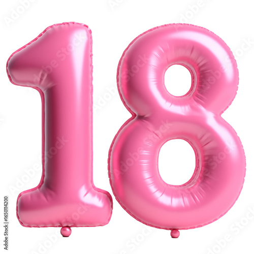 Vibrant pink balloon number 18 for birthday parties, celebrations, or festive event decorations.
