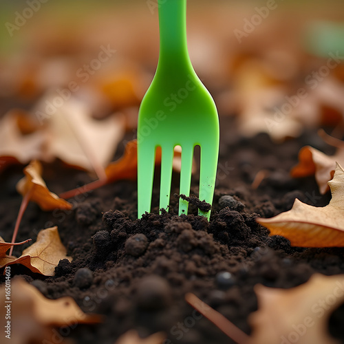 Close-up of biodegradable plastic fork disintegrating into soil