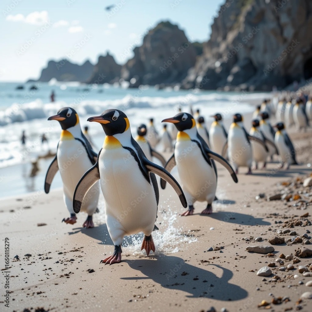 Fototapeta premium penguins running on the beach 