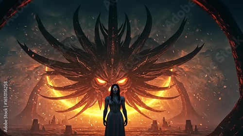 Mysterious figure stands before a fiery demonic portal in a dark, surreal landscape