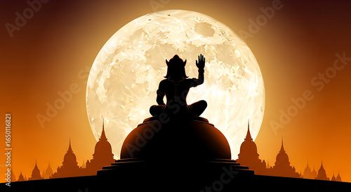 Serene silhouette meditating figure under luminous moonlight with intricate temple horizon offers