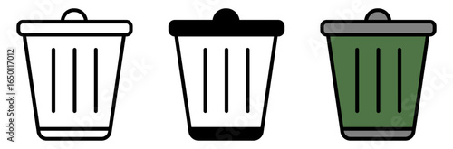 Three simple trash cans icon in different color style. Minimalist design shows clean aesthetics