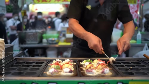 Person Cooking Takoyaki on a Hotplate at a Busy Food Stall