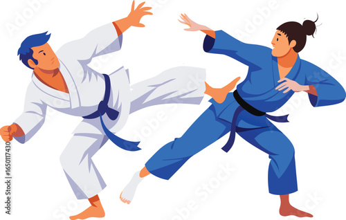 Two martial artists sparring in a dojo practicing a kick and block