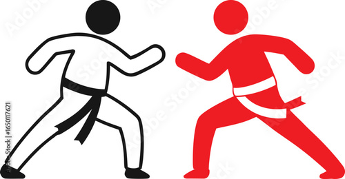 Two martial artists in a fighting stance one with a black belt