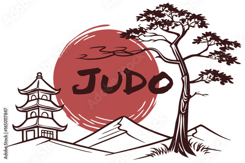 Judo Martial Art Design with Japanese Landscape and Calligraphy Style