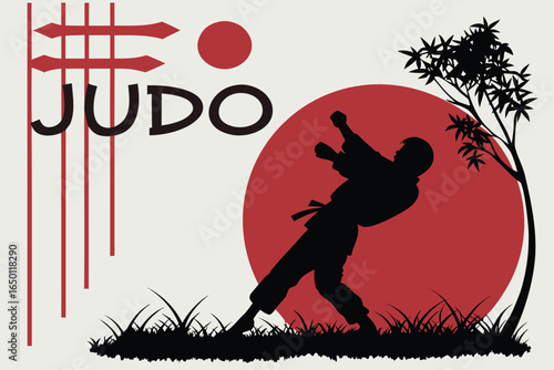 Judo Silhouette with Rising Sun and Japanese Inspired Design Elements